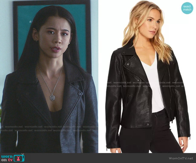Blank NYC Faux Leather Moto Jacket in Onyx worn by George Fan (Leah Lewis) on Nancy Drew