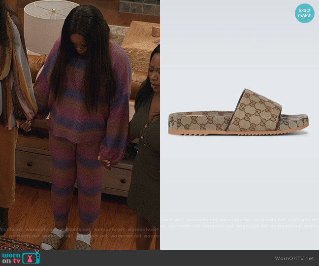 Gucci GG Supreme canvas slides worn by Brianna (Eve) on Queens
