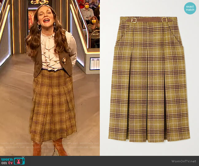 Giuliva Heritage The Adriana leather-trimmed pleated checked wool skirt worn by Drew Barrymore on The Drew Barrymore Show