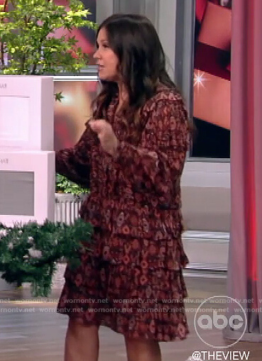 Gretta Monahan’s burgundy floral ruffle dress on The View