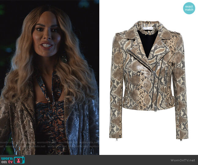 IRO Luiga Snake Effect Leather Biker Jacket worn by Valeria (Nadine Velazquez) on Queens