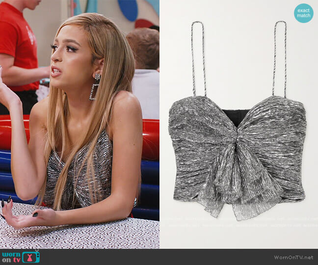 Isabel Marant Tresha cropped bow-detailed plissé-lamé top worn by Lexi (Josie Totah) on Saved By The Bell
