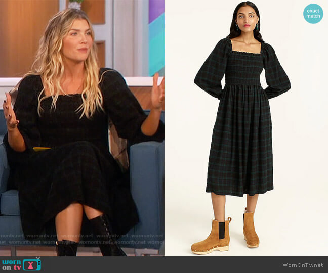 Smocked puff-sleeve dress in Black Watch tartan flannel J. Crew worn by Amanda Kloots on The Talk