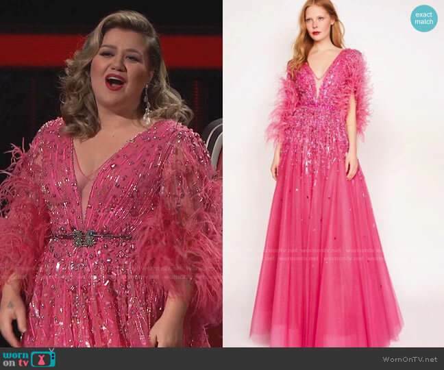 Jenny Packham Tabitha Beaded Feathered Gown worn by Kelly Clarkson on The Voice