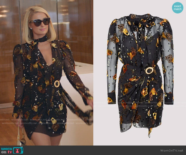Lanvin Goldfish Embroidered Sheer Mini Wrap Dress worn by Paris Hilton on Paris in Love