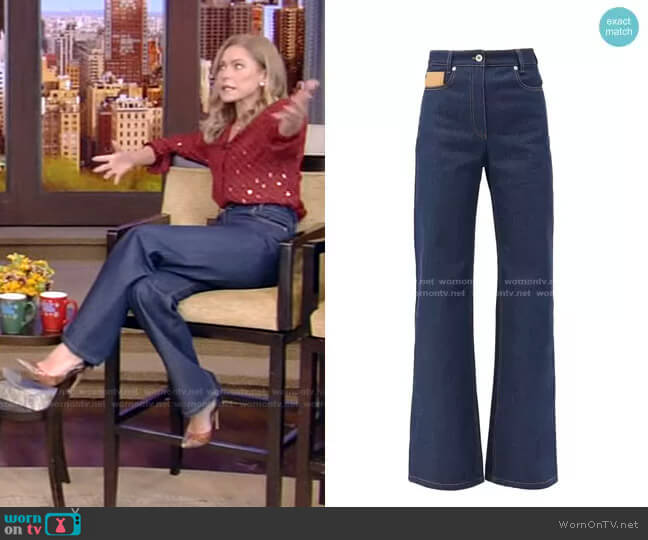Paco Rabanne Leather-Patch High-Rise Flared Jeans worn by Kelly Ripa on Live with Kelly and Mark