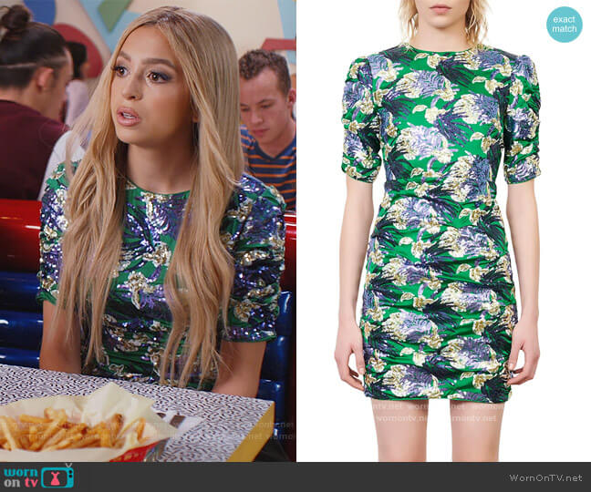 Maje Razul Embroidered Sequin Mini Dress worn by Lexi (Josie Totah) on Saved By The Bell