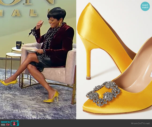 Manolo Blahnik Hangisi 105 embellished satin pumps worn by Tamron Hall on Tamron Hall Show