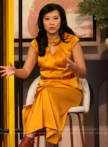 Melissa Leong’s yellow satin keyhole dress on The Drew Barrymore Show