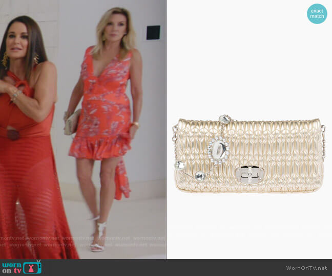 Miu Miu Iconic Crystal Cloqué Nappa leather bag worn by Ramona Singer on The Real Housewives Ultimate Girls Trip