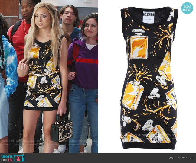 Moschino Perfume print silk dress worn by Lexi (Josie Totah) on Saved By The Bell