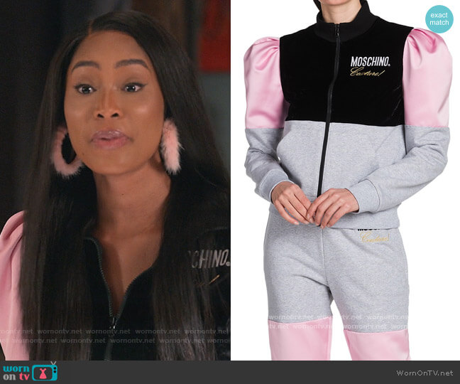 Moschino Zip-Up Logo Sweatshirt worn by Lauren Rice (Pepi Sonuga) on Queens