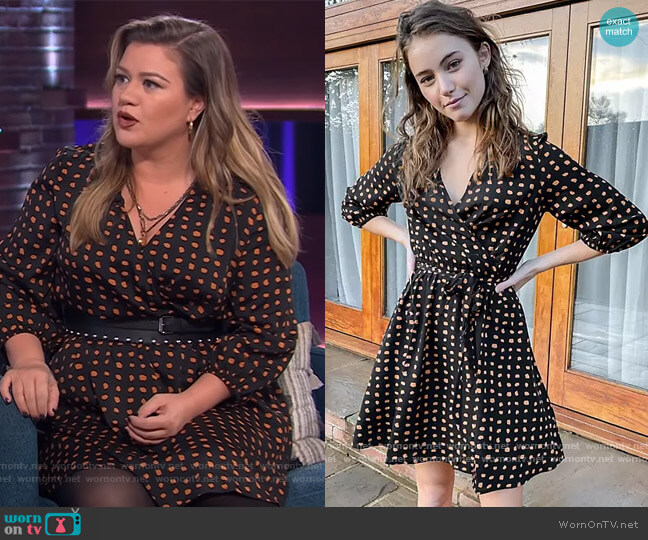 New Look Wrap Front Mini Dress in Black Spot Print worn by Kelly Clarkson on The Kelly Clarkson Show