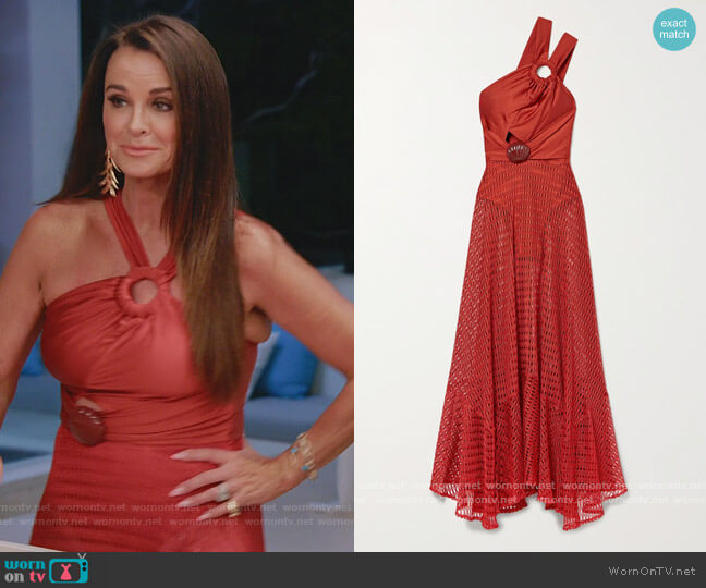 Patbo Embellished satin-jersey and crochet-knit maxi dress worn by Kyle Richards on The Real Housewives Ultimate Girls Trip