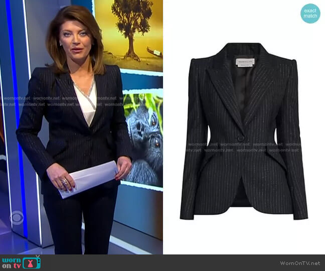 Alexander McQueen Pinstripe Peak Shield Blazer Jacket worn by Norah O'Donnell on CBS Evening News