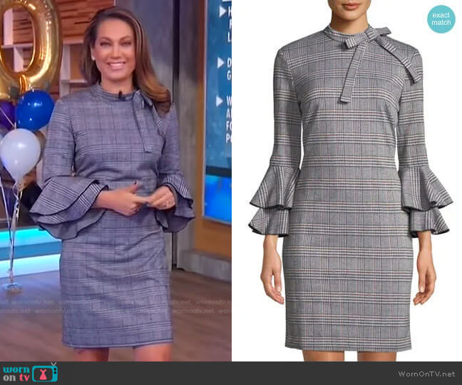 Alexia Admor Plaid Bell-Sleeve Tie-Neck Sheath Dress worn by Ginger Zee on Good Morning America