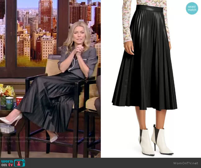 Maison Margiela Pleated Faux Leather Midi Skirt worn by Kelly Ripa on Live with Kelly and Mark