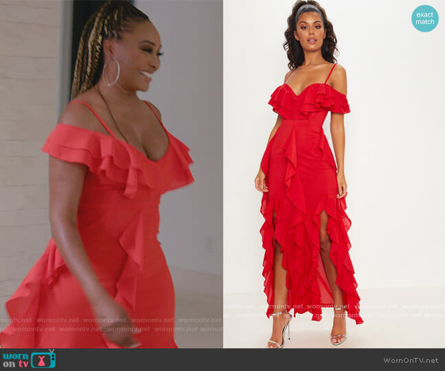 Pretty Little Thing Red Cold Shoulder Ruffle Detail Maxi Dress worn by Cynthia Bailey on The Real Housewives Ultimate Girls Trip