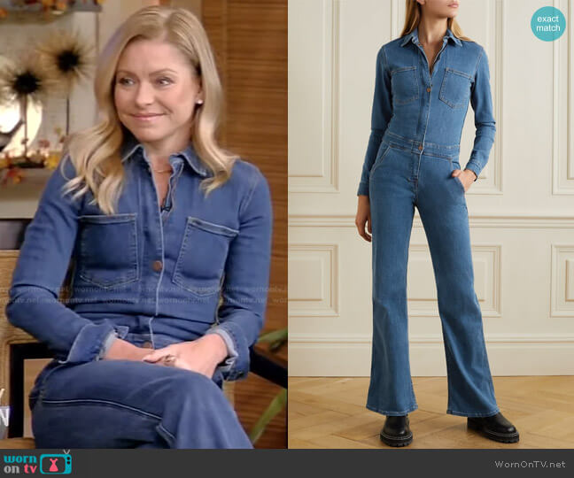 Rivet Utility Rulebreaker Denim Jumpsuit worn by Kelly Ripa on Live with Kelly and Mark