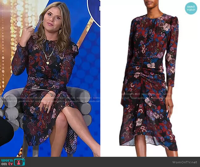 Veronica Beard Raylee Ruched Floral Midi Dress worn by Jenna Bush Hager on Today