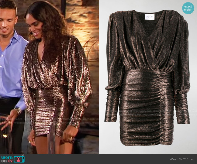 Redemption Wrap-Effect Ruched Lamé Mini Dress worn by Michelle Young on The Bachelorette