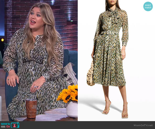 Rickie Freeman for Teri Jon Animal-Print Chiffon Belted Shirtdress worn by Kelly Clarkson on The Kelly Clarkson Show