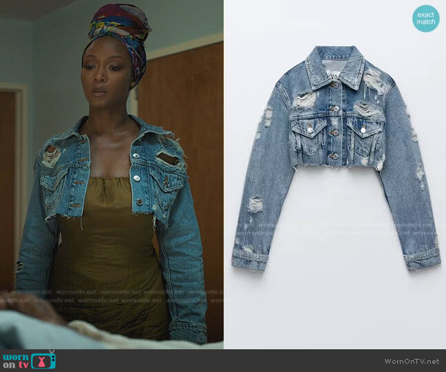 Zara Ripped Denim Jacket worn by Angela Vaughn (Yaya DaCosta) on Our Kind of People