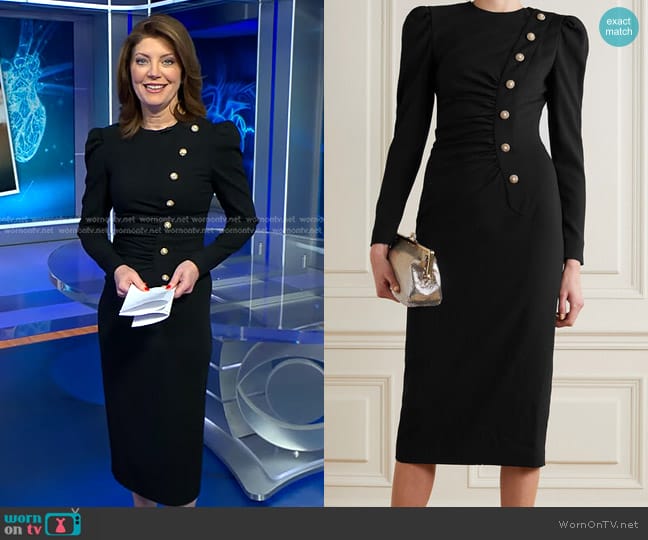 Alessandra Rich Ruched Embellished Wool-Blend Crepe Midi Dress worn by Norah O'Donnell on CBS Evening News