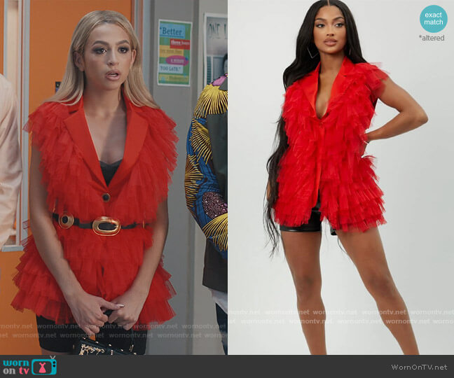 Shein Satin Ruffled Tulle Notched Lapel Longline Vest Blazer worn by Lexi (Josie Totah) on Saved By The Bell
