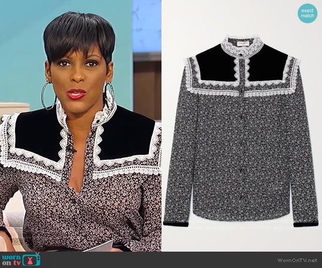 Saint Laurent Lace-trimmed velvet and floral-print wool-twill blouse worn by Tamron Hall on Tamron Hall Show