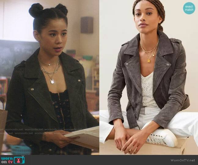 Blank NYC Suede Moto Jacket worn by George Fan (Leah Lewis) on Nancy Drew