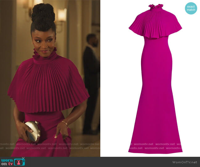 Theia Gabriella Pleated Cape Gown Dress worn by Angela Vaughn (Yaya DaCosta) on Our Kind of People