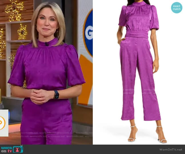 Adelyn Rae Theo Jacquard Open Back Jumpsuit worn by Amy Robach on Good Morning America