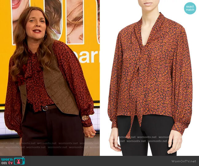 Theory Printed Tie Neck Silk Top worn by Drew Barrymore on The Drew Barrymore Show