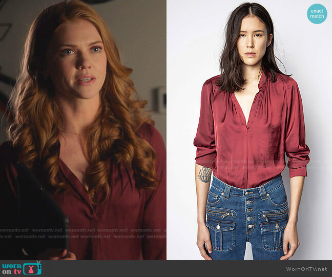 Zadig & Voltaire Tink Satin Blouse in Burgundy worn by Taylor Kelly (Megan West) on 9-1-1