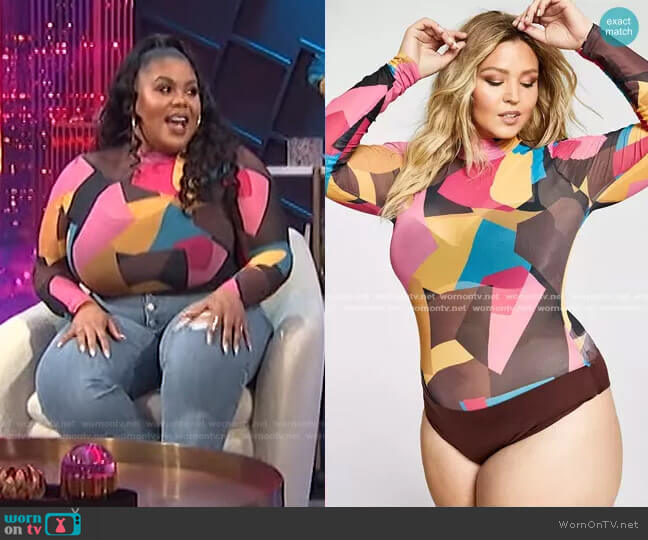 Nina Parker Trendy Plus Size Mock-Neck Mesh Bodysuit worn by Nina Parker on E! News