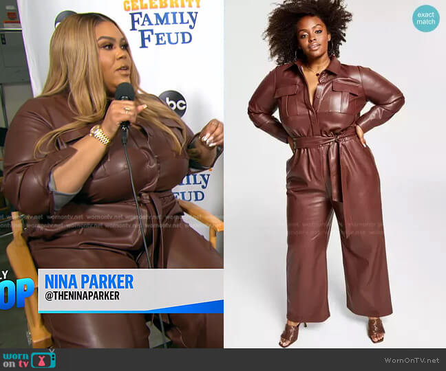 Nina Parker Trendy Plus Size Pleather Jumpsuit worn by Nina Parker on E! News