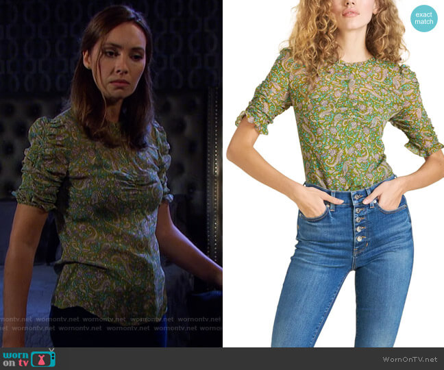 Veronica Beard Paisley Long Sleeve Silk Blouse worn by Gwen Rizczech (Emily O'Brien) on Days of our Lives