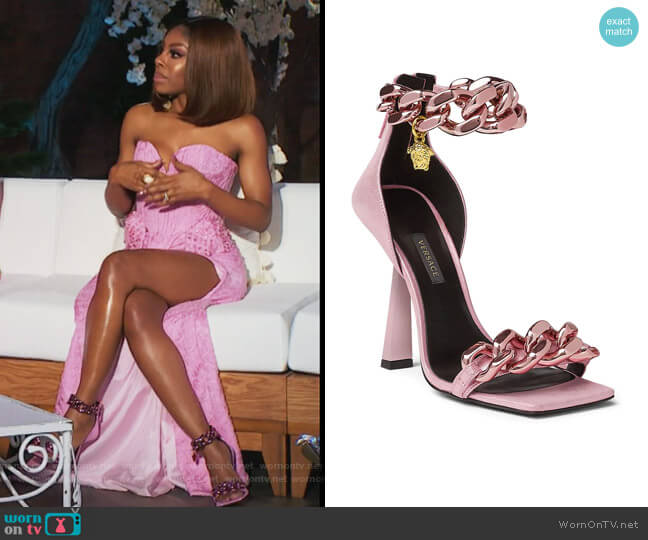 Versace Medusa Chain Metallic Leather Sandals worn by Candiace Dillard Bassett on The Real Housewives of Potomac