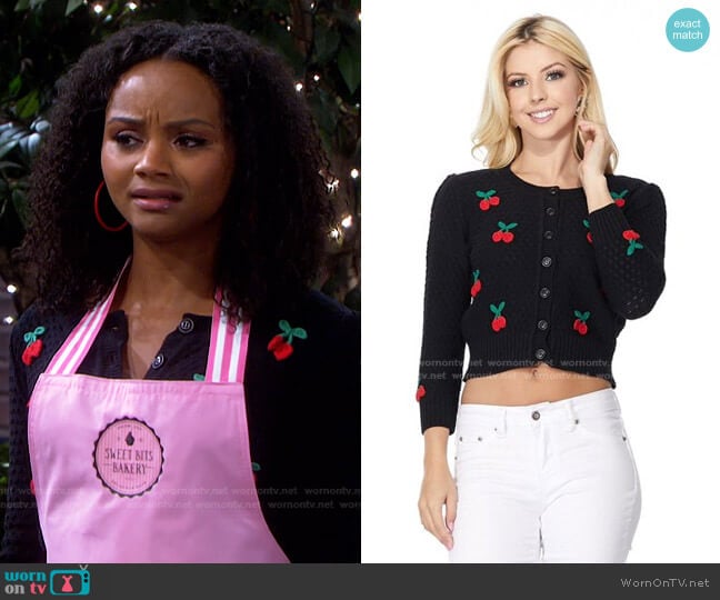 Yemak Cherry Pompom 3/4 Sleeve Cropped Honeycomb Knit Cardigan worn by Chanel Dupree (Raven Bowens) on Days of our Lives
