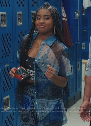 Aisha’s blue paisley sheer shirt on Saved By The Bell
