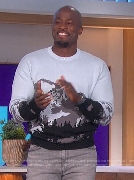 Akbar’s gray mountain print sweater on The Talk