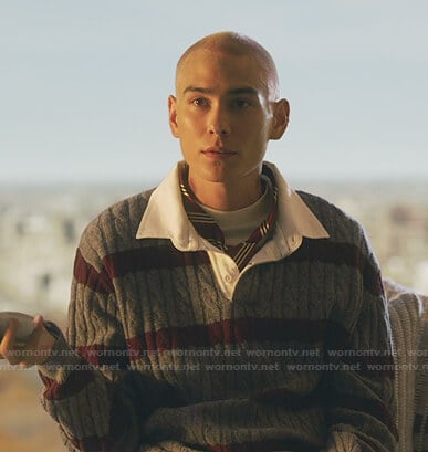 Aki’s grey striped cable knit polo sweater on Gossip Girl