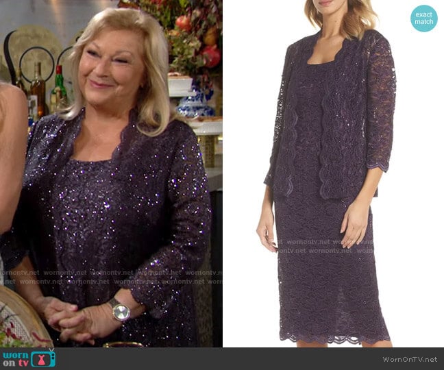 Alex Evenings Lace Cocktail Dress with Jacket in Eggplant worn by Traci Abbott (Beth Maitland) on The Young and the Restless