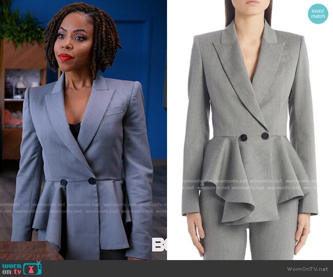 Alexander McQueen Peplum Herringbone Wool Blazer worn by Andrea Barnes (Kj Smith) on Tyler Perrys Sistas
