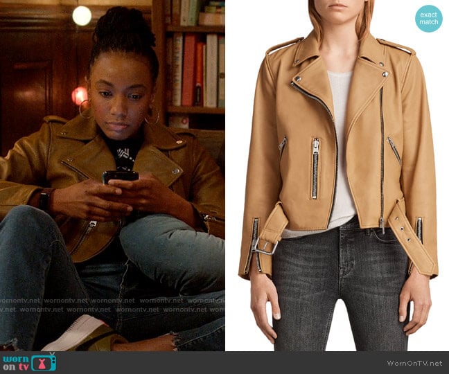 All Saints Balfern Jacket in Butterscotch worn by Whitney Chase (Alyah Chanelle Scott) on The Sex Lives of College Girls