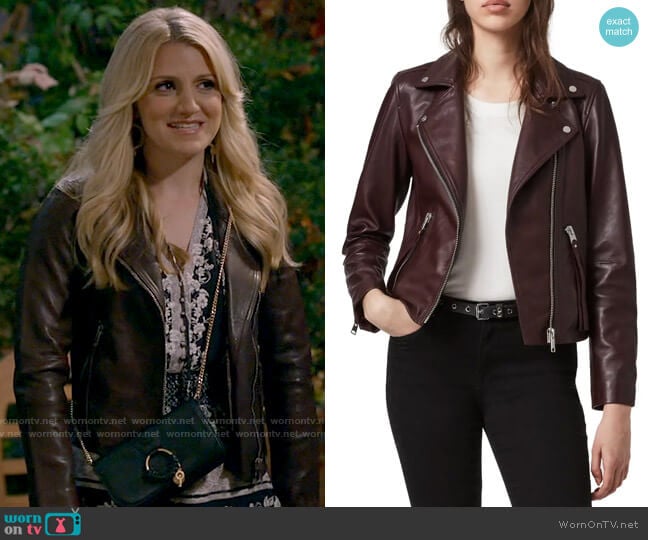 All Saints Dalby Jacket in Deep Berry Red worn by Gina Dabrowski (Annaleigh Ashford) on B Positive