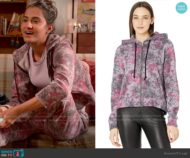 Alternative Chelsea Hoodie in Pink Graffiti worn by Bela Malhotra (Amrit Kaur) on The Sex Lives of College Girls