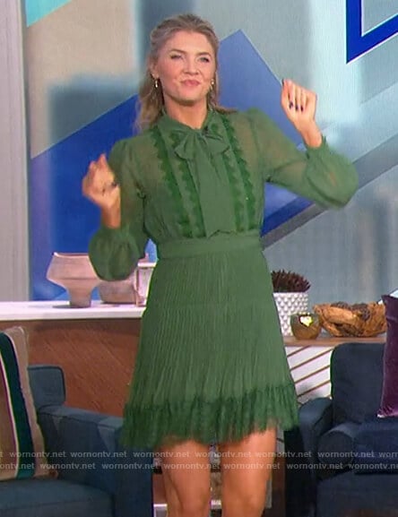 Amanda’s green lace tie neck dress on The Talk