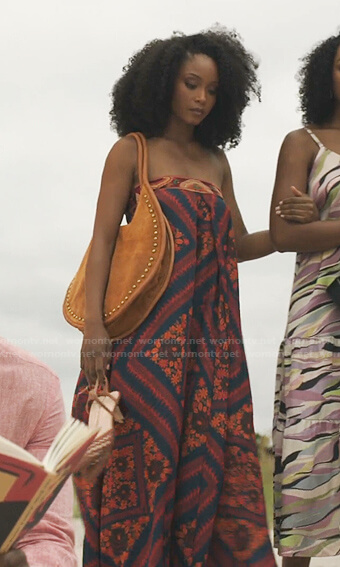 Angela’s floral print strapless jumpsuit on Our Kind of People